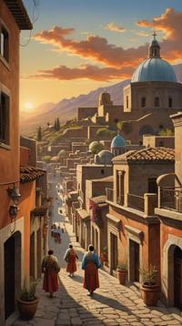 designed by Artus Scheiner Charles White , landscape of a Mystical Arequipa, detailed S background, at Golden hour