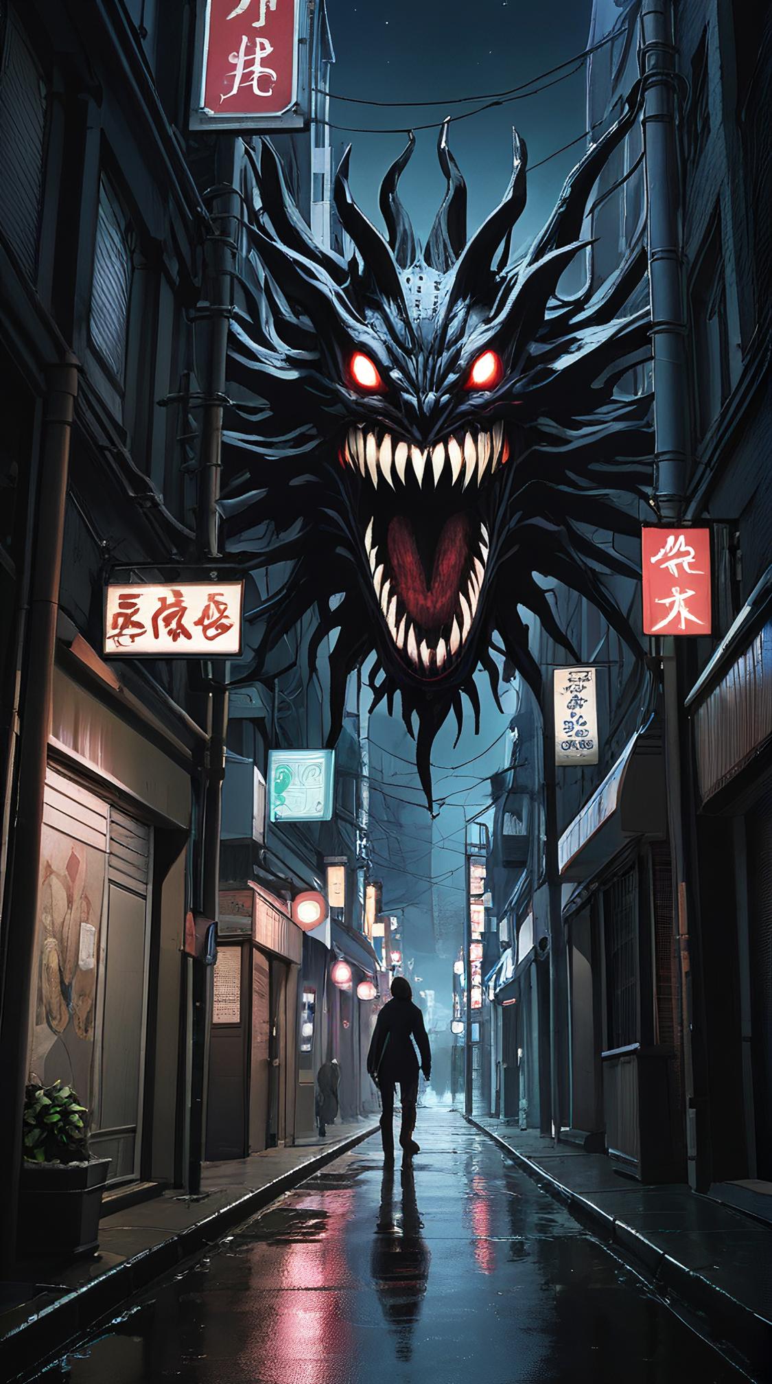 awardwinning Anime, medium wide shot of a Void Maw , Detailed, city street