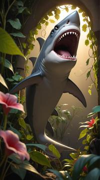 Redshift render, anthropomorphic Shark, flora and Vine background, at Golden hour