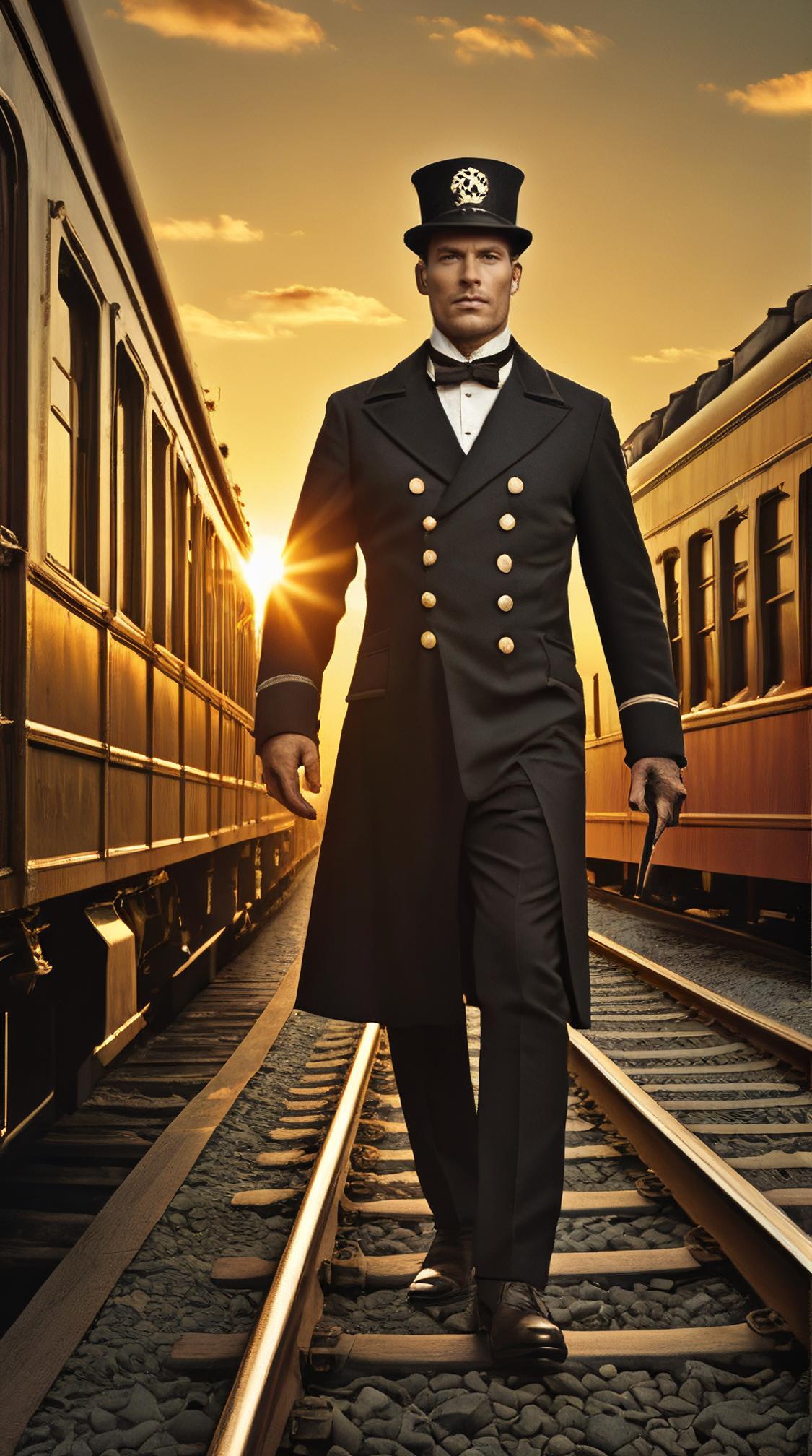 surrealism art by Nicolas Bruno and Toshiko Okanoue, Digital art, street, Geeky well built Baroque Male Train conductor