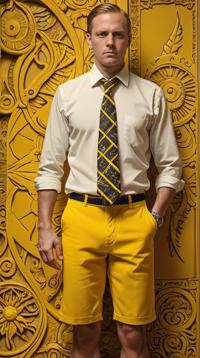 wearing yellow Jean shorts, Stunning Henri , Woodcarver, Miserable Necktie