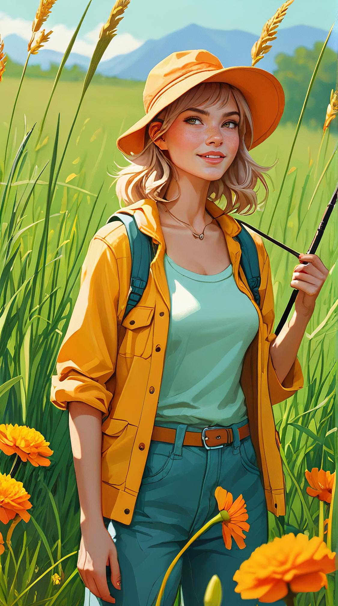 street shot of, Female Fisherman, masterpiece, grass and Marigold background