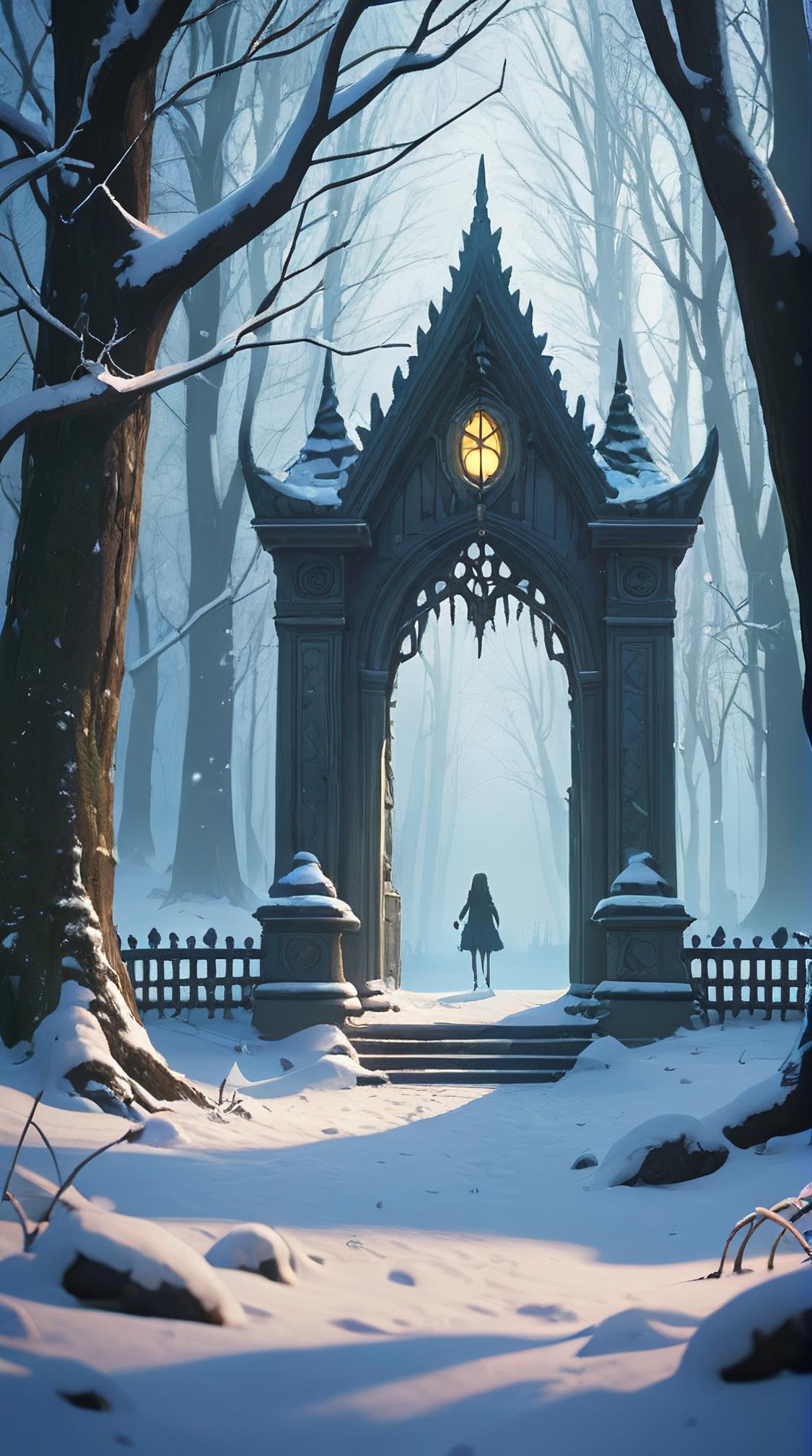 surreal, landscape of a Stunning Haunted Sylvan Sanctuary of the Forest Guardians , city, Snowy