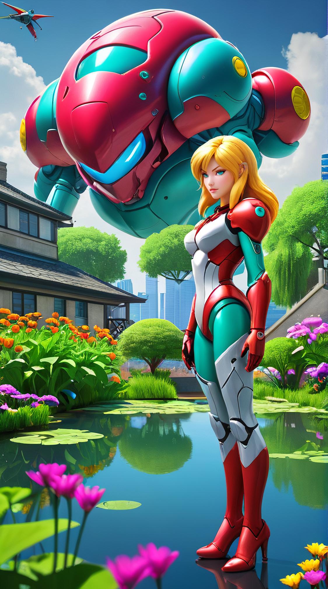 cinema art by Pixar and J C Leyendecker , Color splash, pond with Garden, surreal