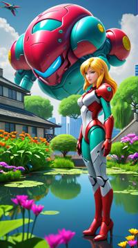 cinema art by Pixar and J C Leyendecker , Color splash, pond with Garden, surreal