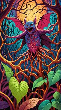 winter garden, Happy Amaranth creature Bat , roots and Chestnut background, Illustration