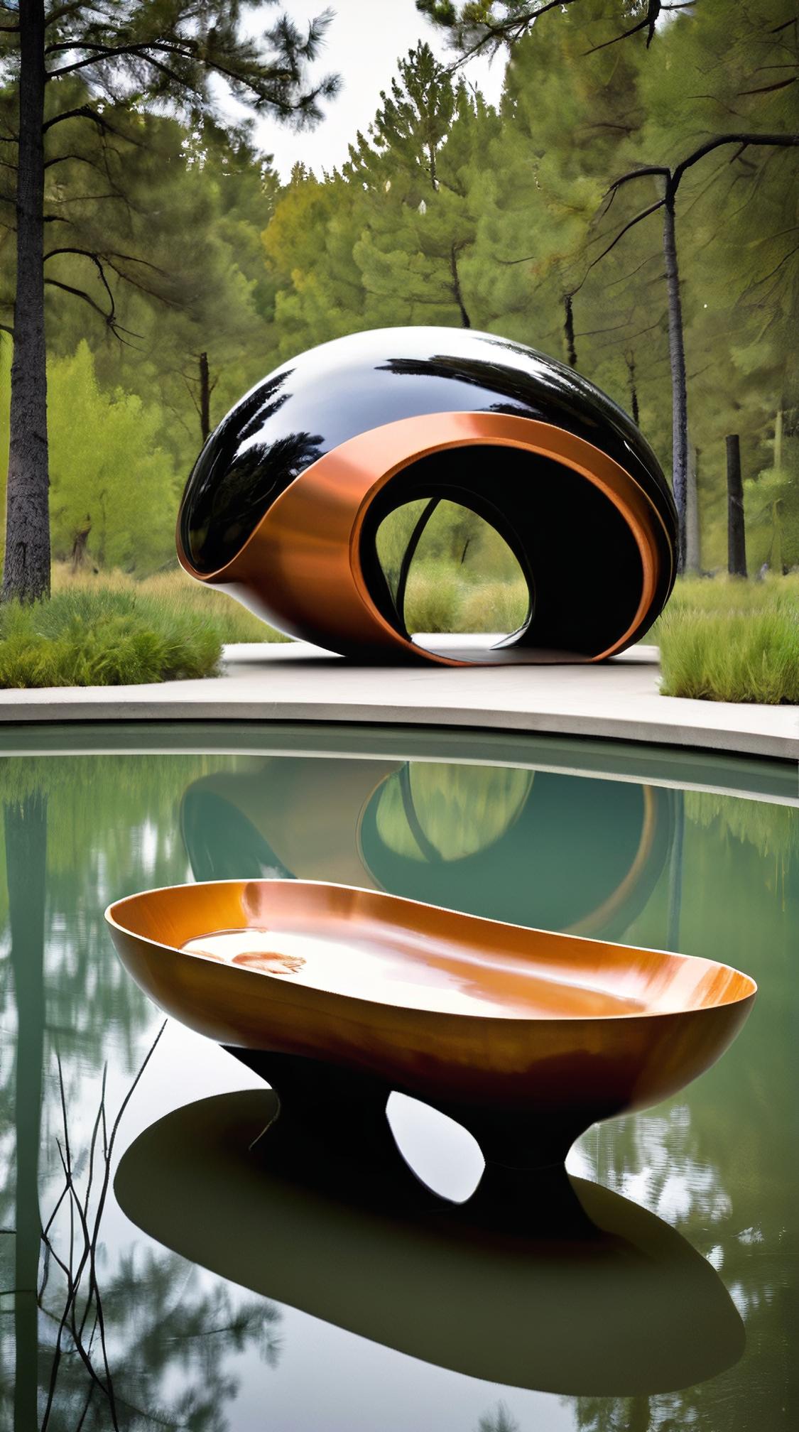 by Ron Arad, architecture art, Clever Olive shellfish , lake