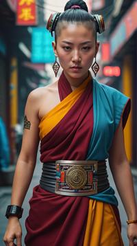 beefy Monk Woman, the Girl is Tired and Cyberpunk, the Monk is wearing Tibetan Kapoteh, illustrious