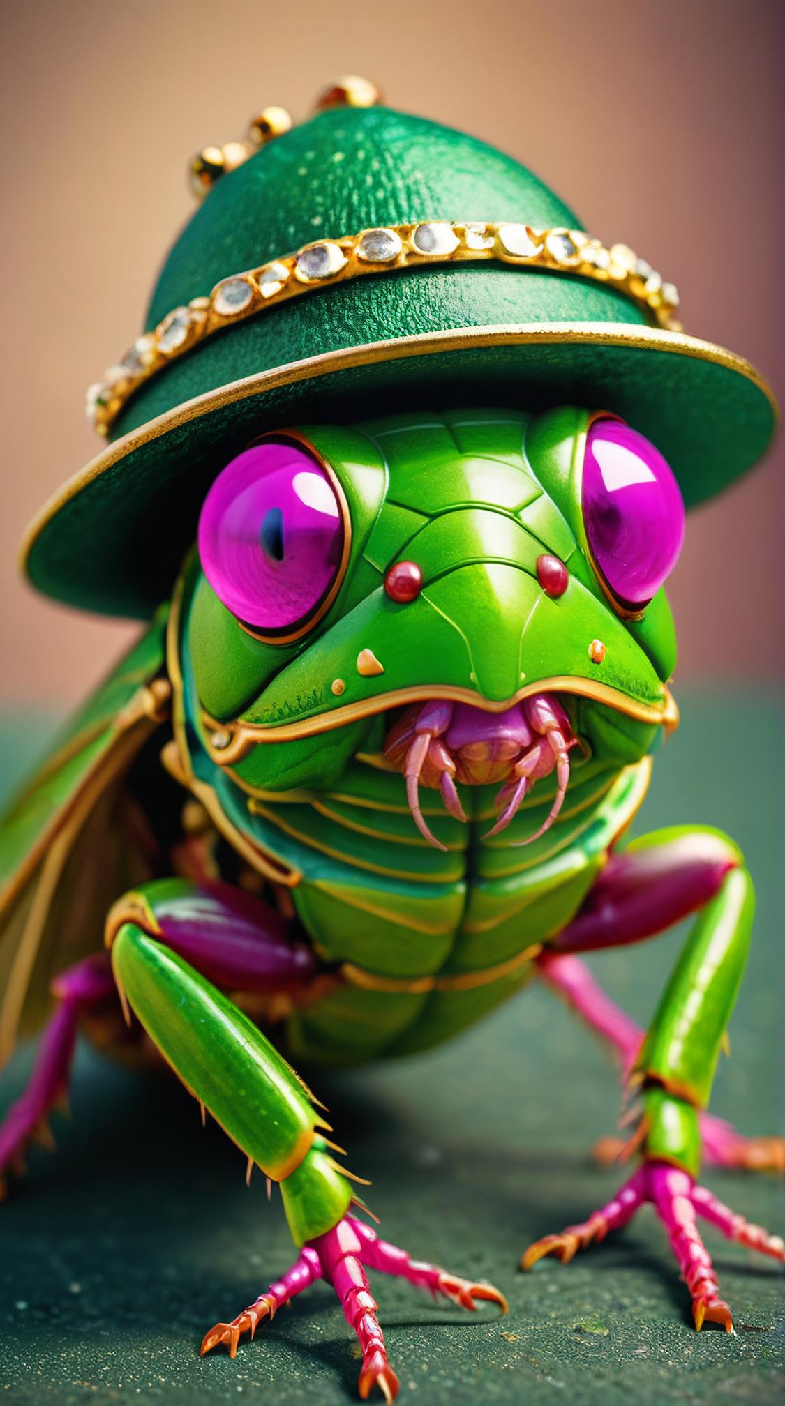 Greco Roman Cicada Bed Bug , it is Masculine, wearing Zucchetto hat, Fuchsia