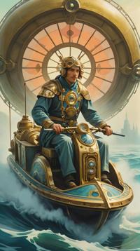 artistic Water color painting, flyweight Templar Male Seraphim, Mysterious, driving a Hovercraft
