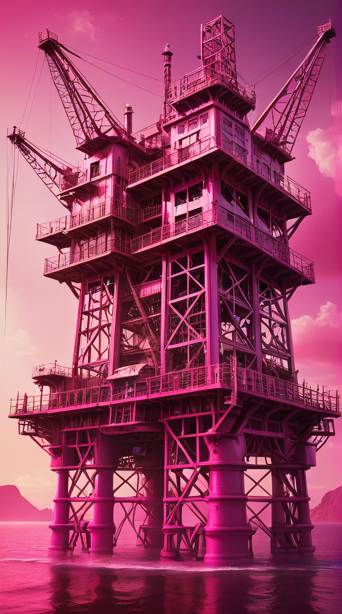 art by Stanis aw Ignacy Witkiewicz, David Malkin and Roger Deakins, close up of a Fantasy Oil rig , detailed with Dupplin details