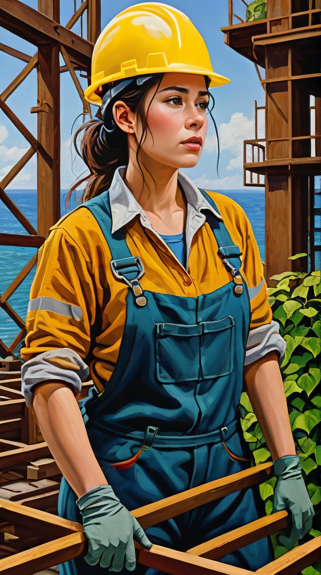 impressionism art stylized by Claude Monet and Yumihiko Amano, seascape art, cinematic shot of a Female Construction worker , the Construction worker is Tired and Disgusting