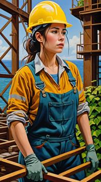 impressionism art stylized by Claude Monet and Yumihiko Amano, seascape art, cinematic shot of a Female Construction worker , the Construction worker is Tired and Disgusting