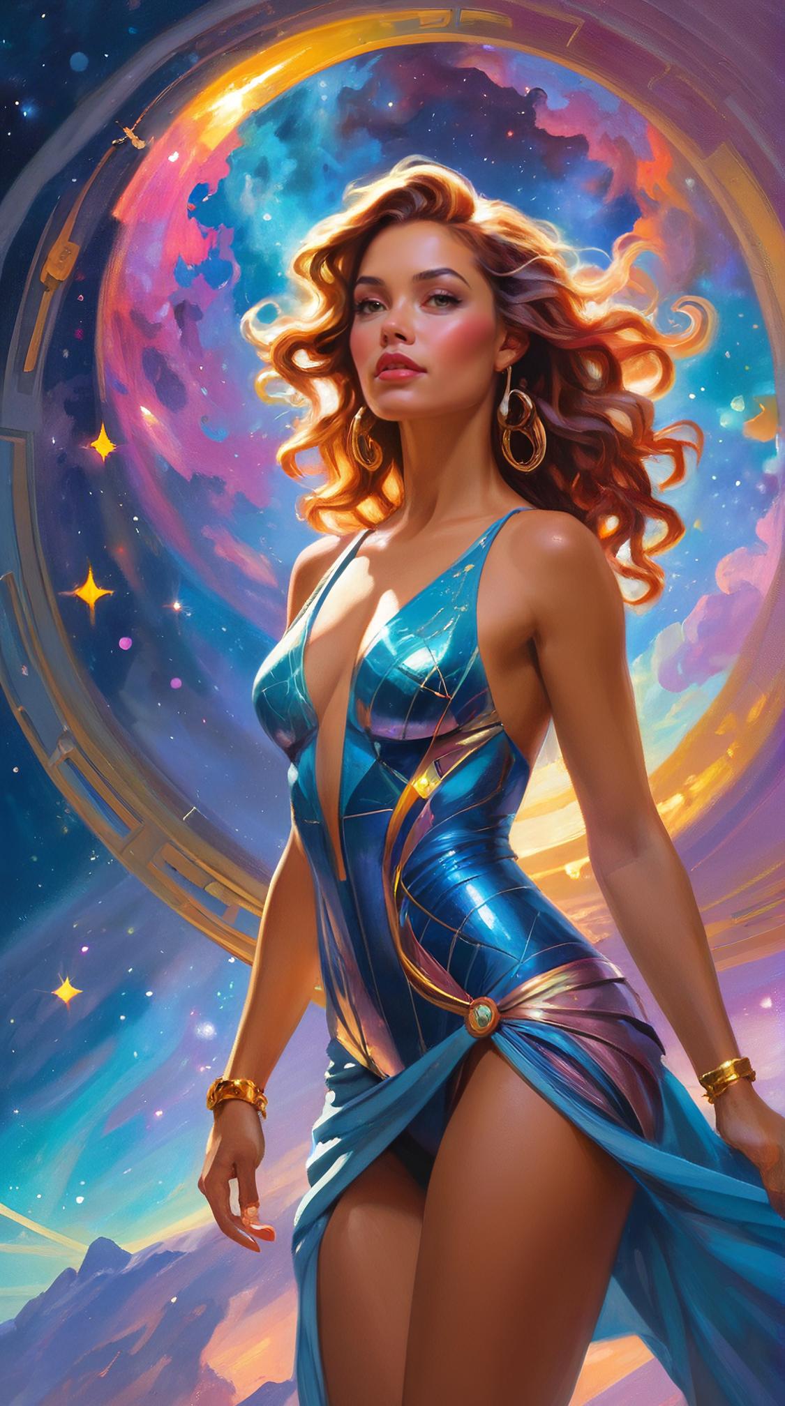 impressionism art by Daniel F Gerhartz, indoors, Flamboyant Micronesian Andromeda constellation , anthropomorphic reimagined as a Lost in Space series character