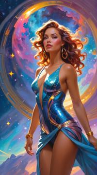 impressionism art by Daniel F Gerhartz, indoors, Flamboyant Micronesian Andromeda constellation , anthropomorphic reimagined as a Lost in Space series character