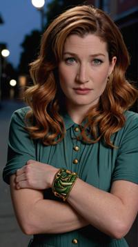 Refined Shinto Kathryn Hahn , very bored, wearing Greaves, Ginger hair