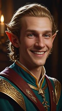 art by Rembrandt van Rijn Wes Anderson , Male High elf, he is smiling, Chiaroscuro
