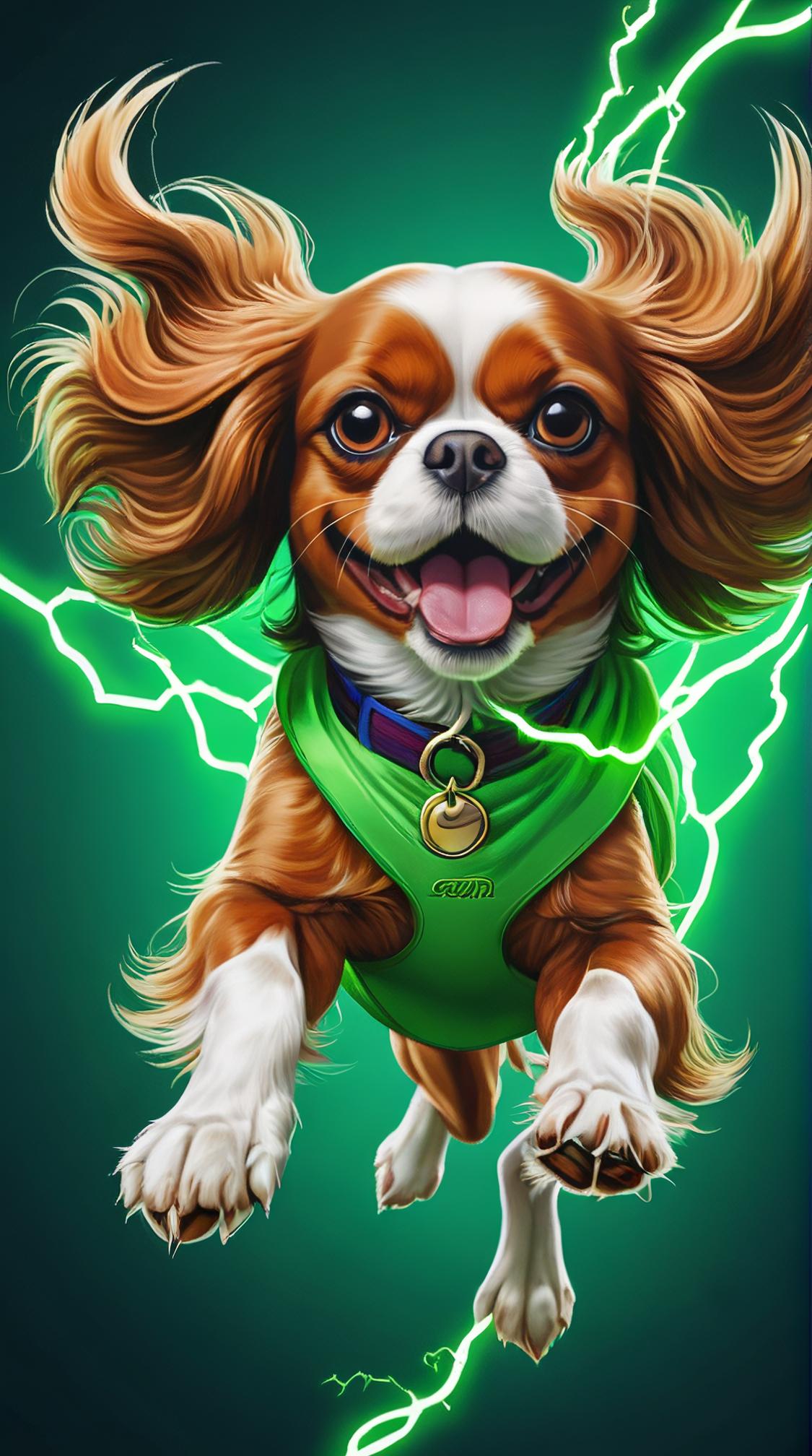 medium close up shot of a Cavalier King Charles Spaniel imagined as a Flying pokemon, it is Feminine, Stormy weather, soft focus