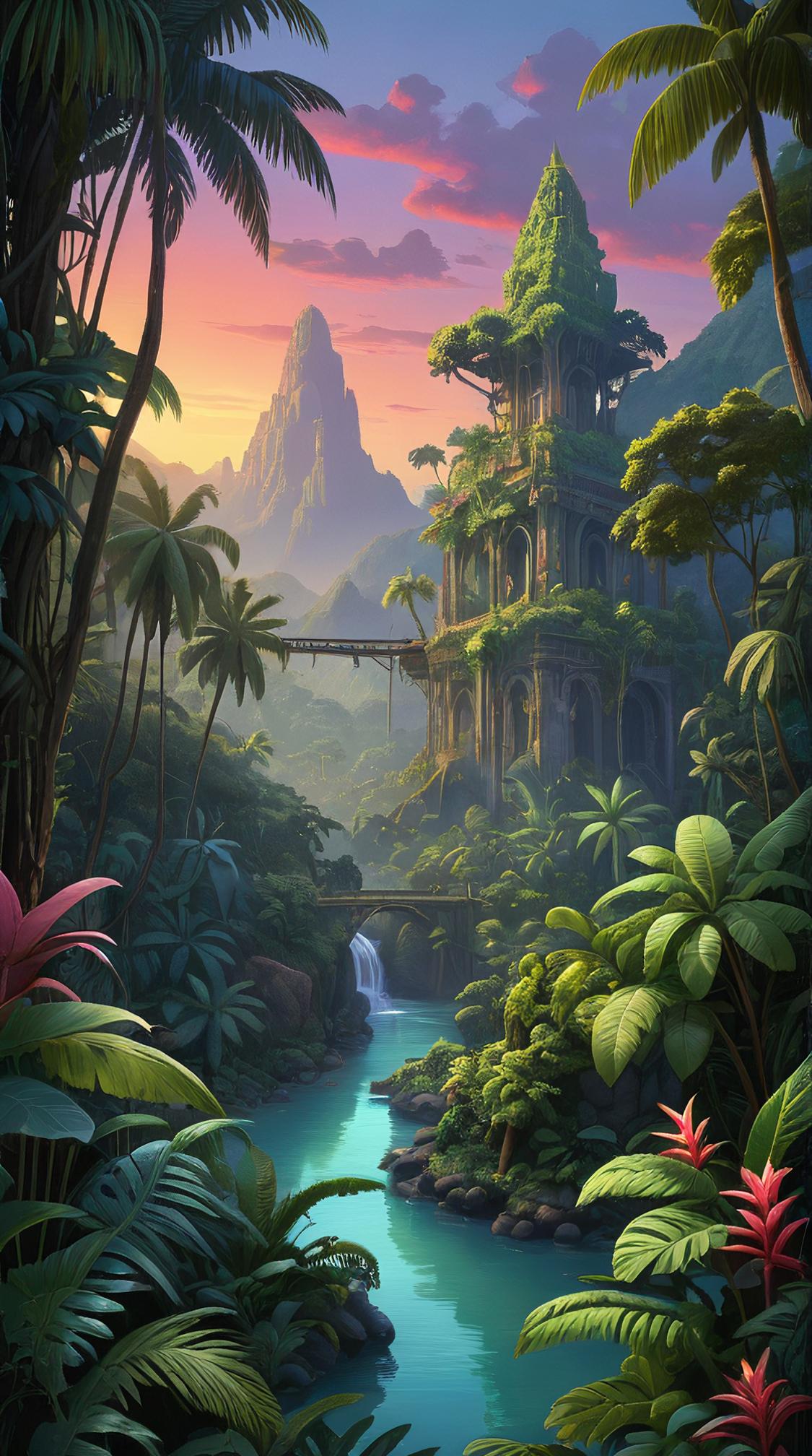 award winning, landscape of a Eclectic Nibelheim and Soothing Tropical rainforest, at Dusk, Aetherpunk