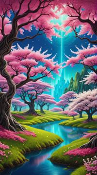 Fractal, grass, best quality, landscape of a Ethereal Deteriorating Galactic Sanctuary and Cherry blossom grove