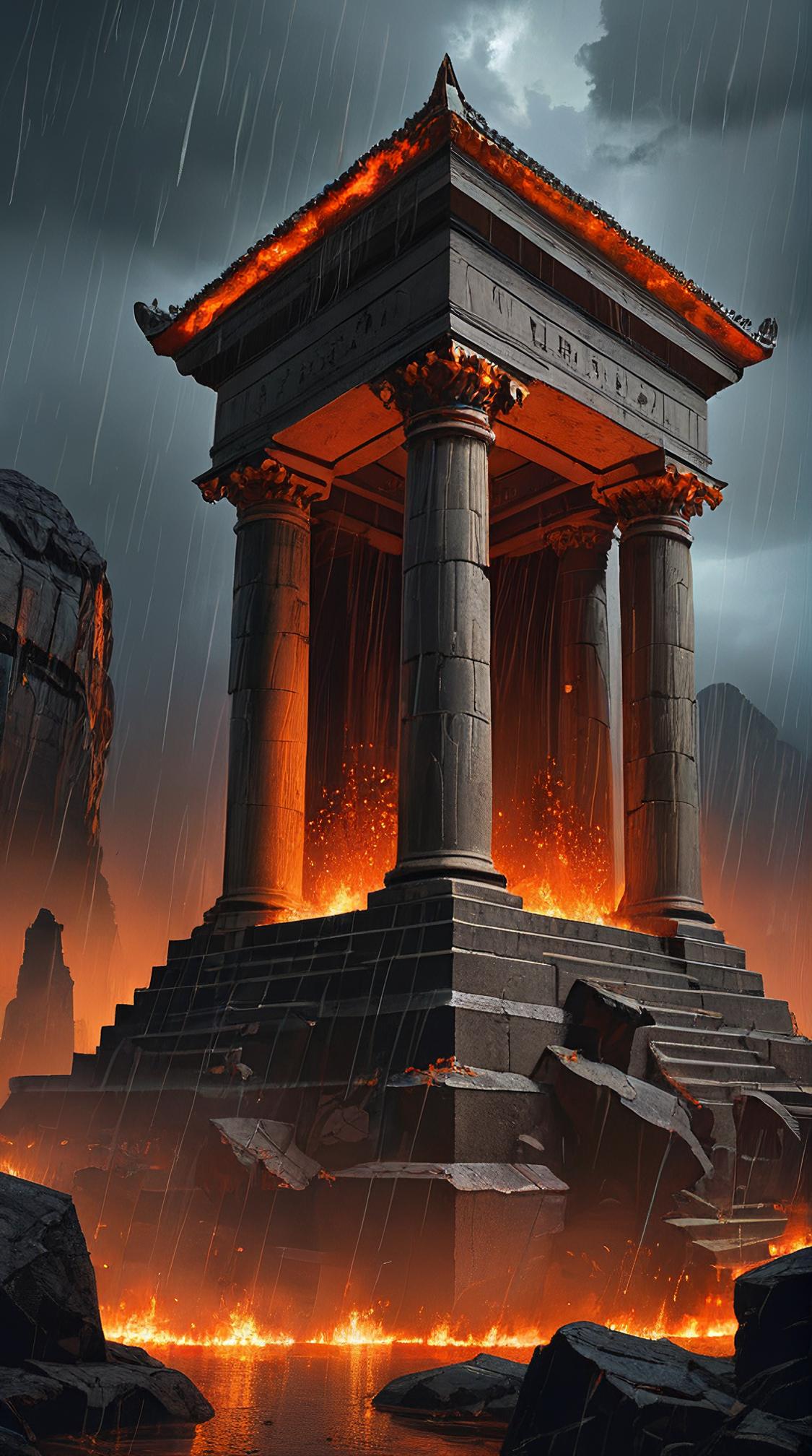 landscape of a Fiery Phenomenal Necropolis and Space time continuum, Raining, by Ruan Jia , Magic Realism