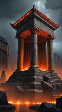 landscape of a Fiery Phenomenal Necropolis and Space time continuum, Raining, by Ruan Jia , Magic Realism
