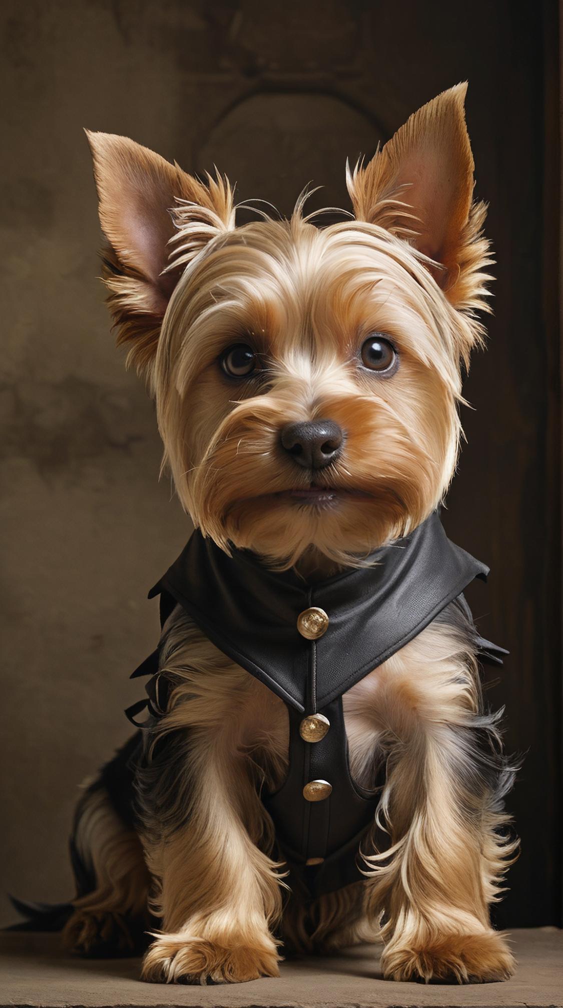 detailed art by Hendrik Weissenbruch , Golden ratio, modelshoot style shot of a Evil Yorkshire Terrier Puppy, Sharp and in focus