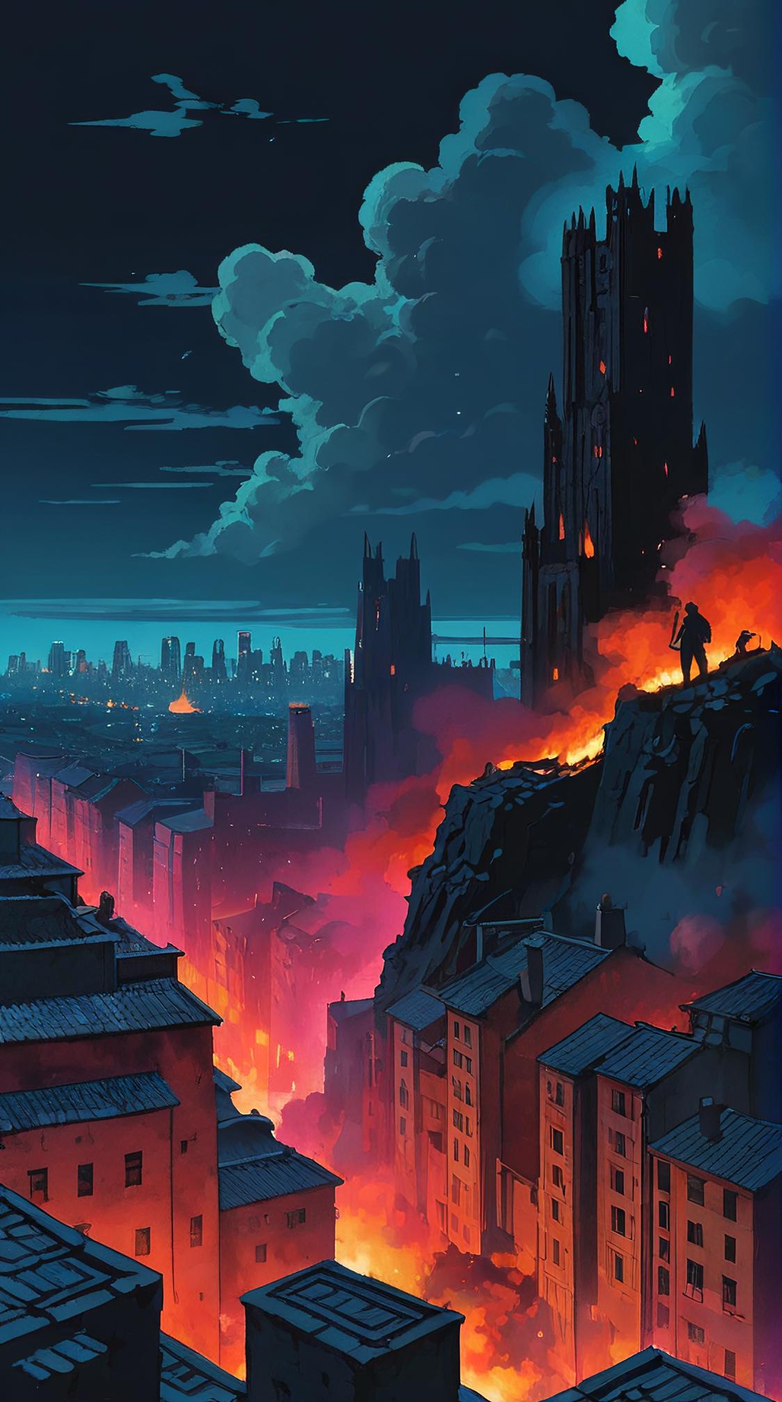 art by Paul Gauguin , impressionism art, Anime, landscape of a Charred High Wall of Lothric and City skyline at night