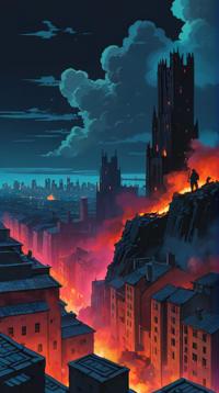 art by Paul Gauguin , impressionism art, Anime, landscape of a Charred High Wall of Lothric and City skyline at night