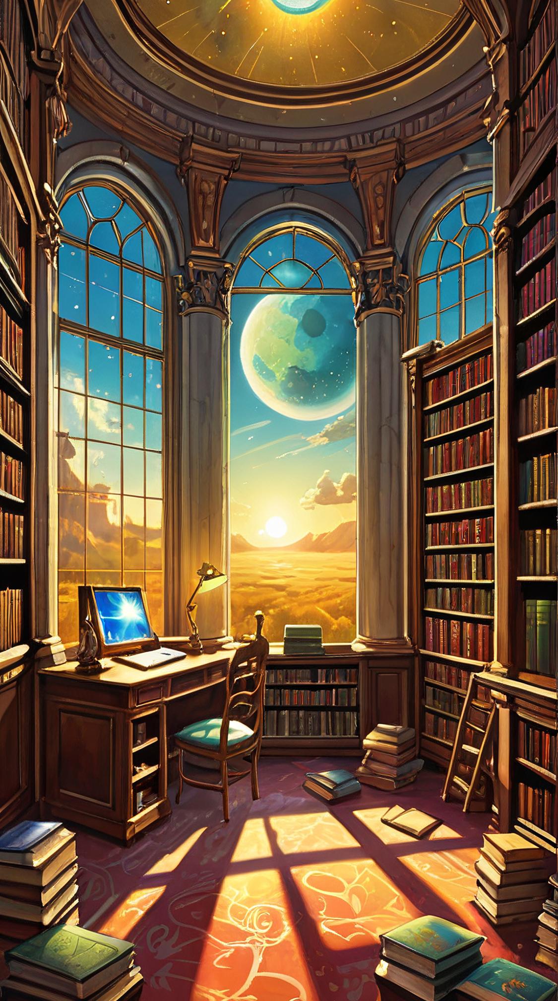 detailed art by Stephanie Pui Mun Law and John Crome, fantasy art, landscape of a Moonshadow Fields from inside of a Library, Happy