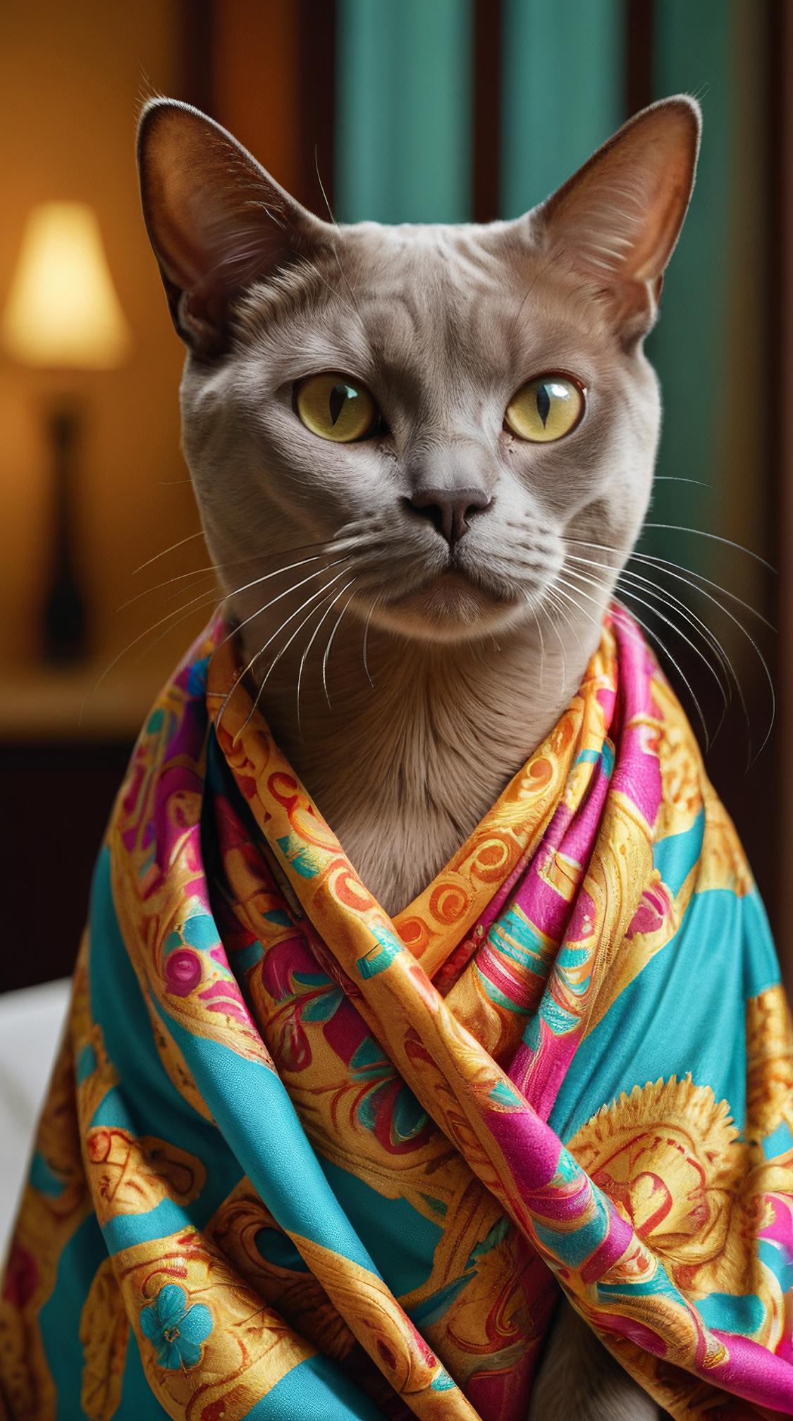 impressionism art designed by Konstantinos Parthenis, best quality, cinematic shot of a Ghanaian Burmese Cat , it is dressed in a Decorated Shawl