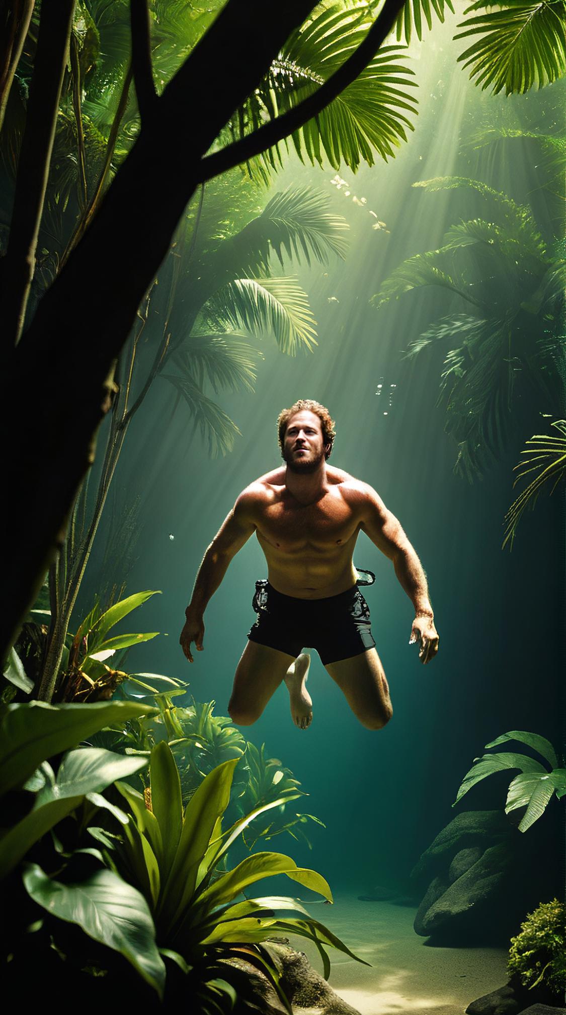 art by Rembrandt van Rijn , extreme wide shot of a Regal Tropical portly Armie Hammer , Diving, Sweltering Cape