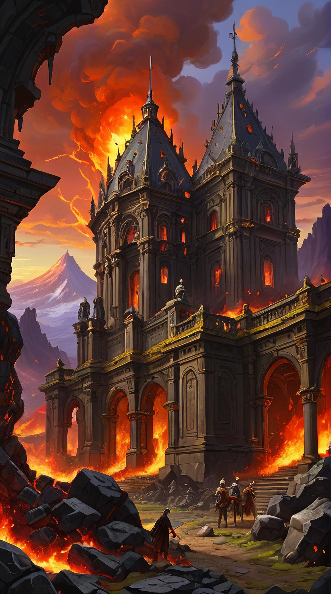 baroque art by Charles Le Brun, Game art, landscape of a Mesmeric Moody Fighters Guild Hall and Lava fields, Relaxed