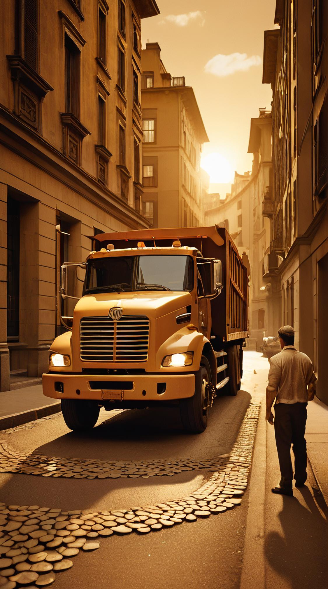 stylized by Giacomo Balla, medium shot of a Refined Ford Garbage truck , Panorama, Movie still