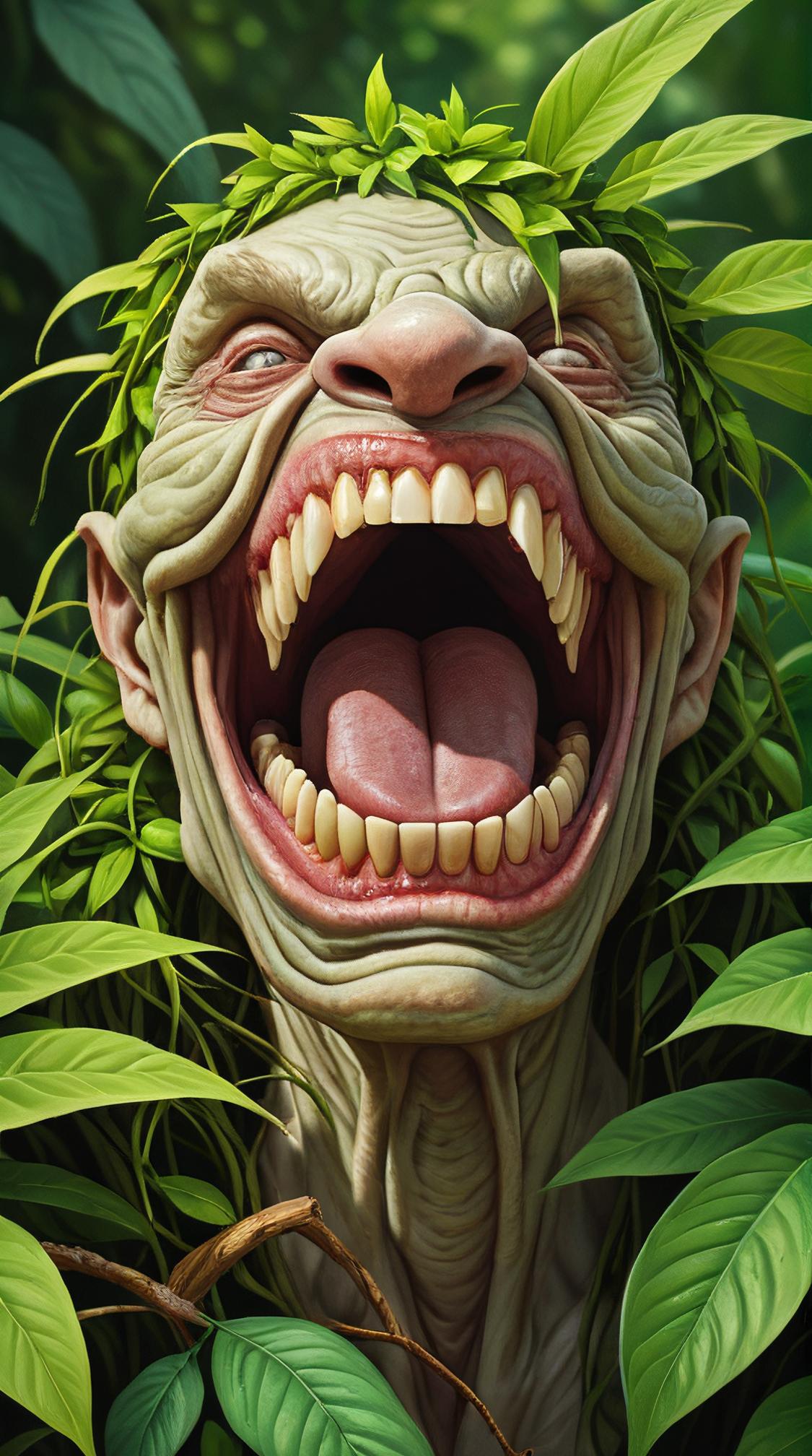 Frail Likin Botanist, laughing, mundane Fangs, dense vegetation