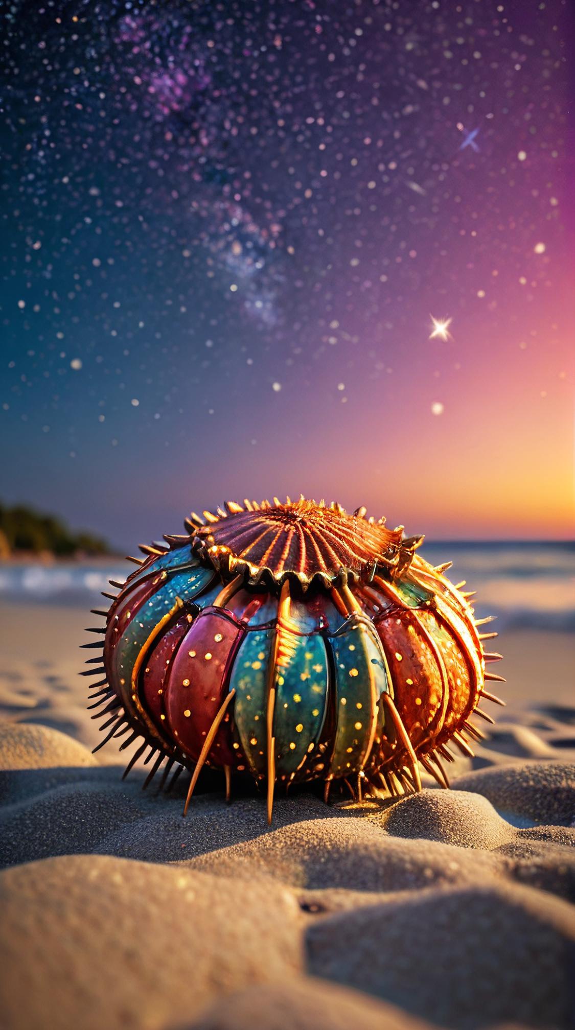 Impasto, Color splash, Drawing of a Sea Urchin Horseshoe Crab , Stars in the sky