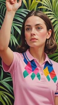 Oil painting, Pink jungle, Woman , the Girl is Regal and Spiritual