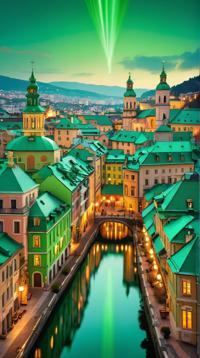 baroque art designed by Stan Lee, kawaii, landscape of a Brilliant Viridian City , green city