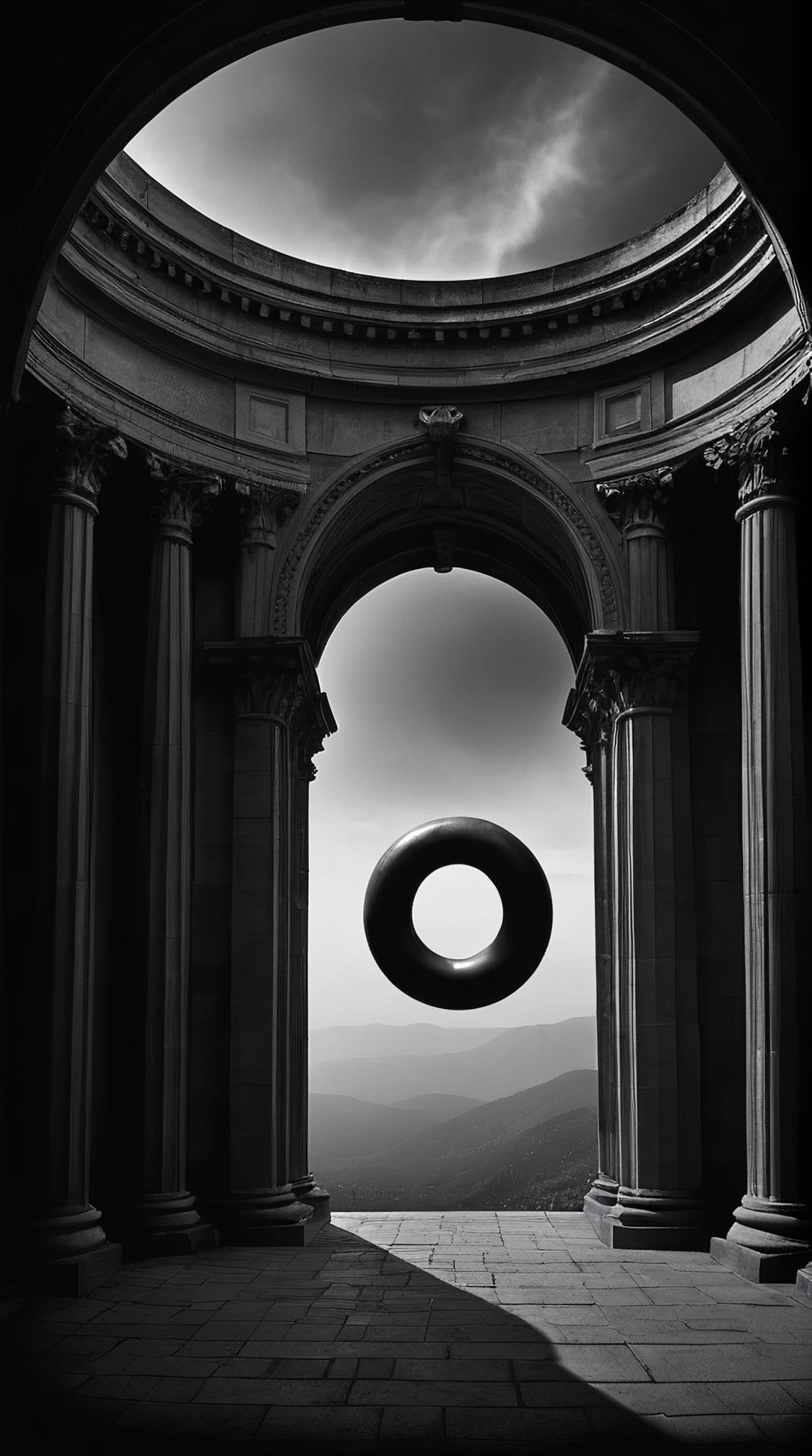 monochromatic art stylized by Robert Stivers, photography art, Virtual Magic ring of Building, Panorama