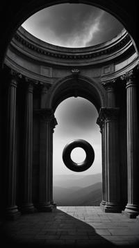 monochromatic art stylized by Robert Stivers, photography art, Virtual Magic ring of Building, Panorama
