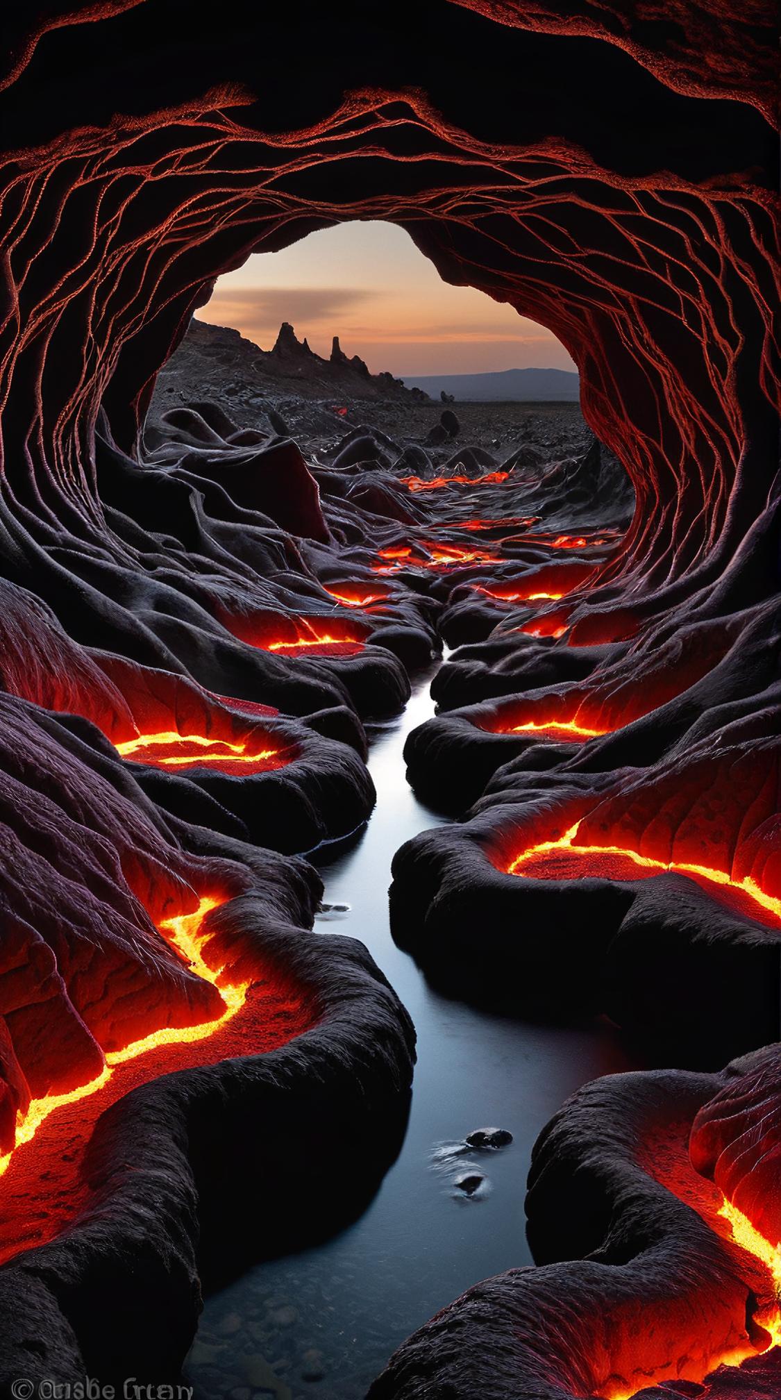 landscape of a Weary Plateau and Welsh Glowing lava tubes, Depth of field mm, Maroon and details, by Debbie Fleming Caffery