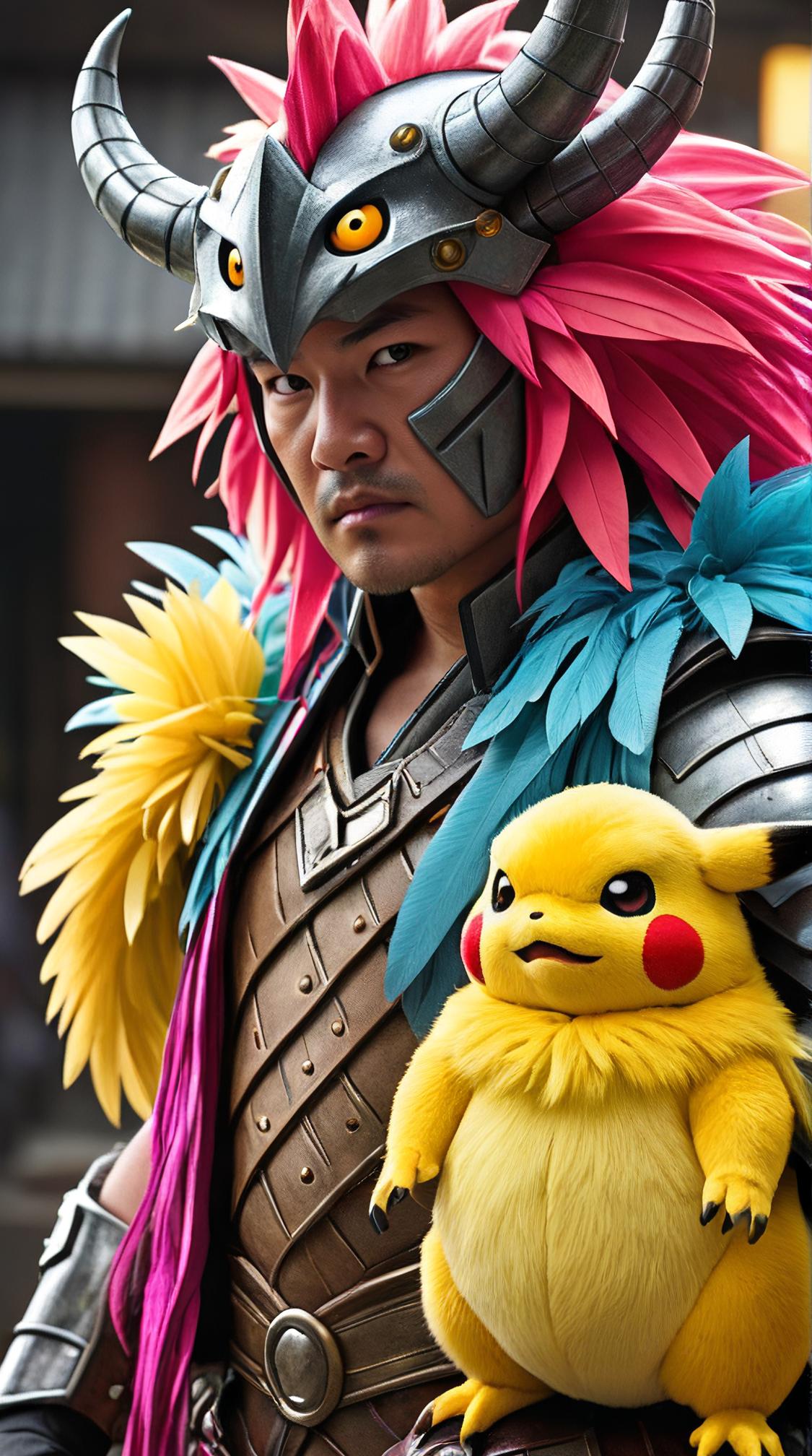 stylized by Peter Jackson, Joao Ruas, Color splash, close up of a Grouchy beefy Asian Embrace Pok mon