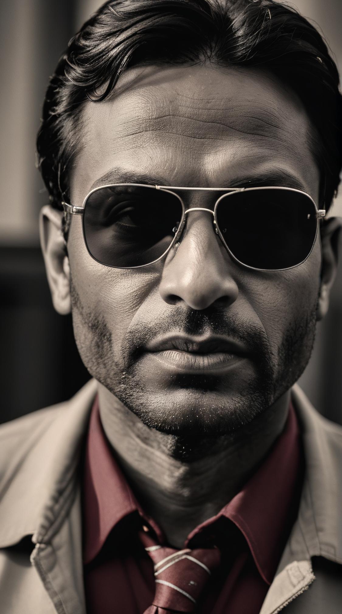 Photograph, overhead angle of a slight Bangladeshi Agent Mulder Dr McCoy , he is Magic skin, Nervous Scouter and Sunglasses