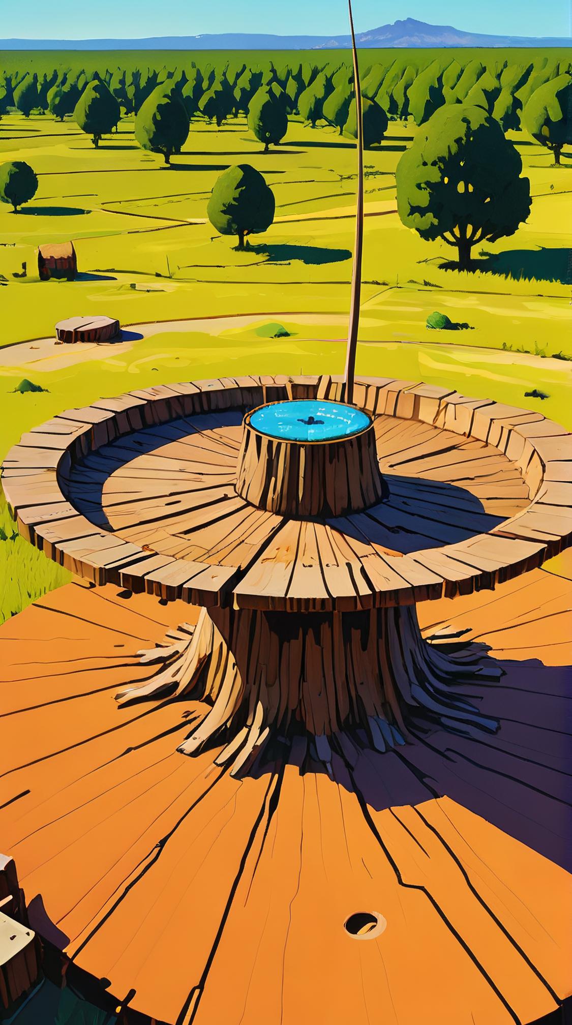 art by Raimonds Staprans , VRay, landscape of a Unattractive Orbital Defense Station and Striking Tree stump, detailed observations of peasant life