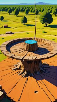 art by Raimonds Staprans , VRay, landscape of a Unattractive Orbital Defense Station and Striking Tree stump, detailed observations of peasant life