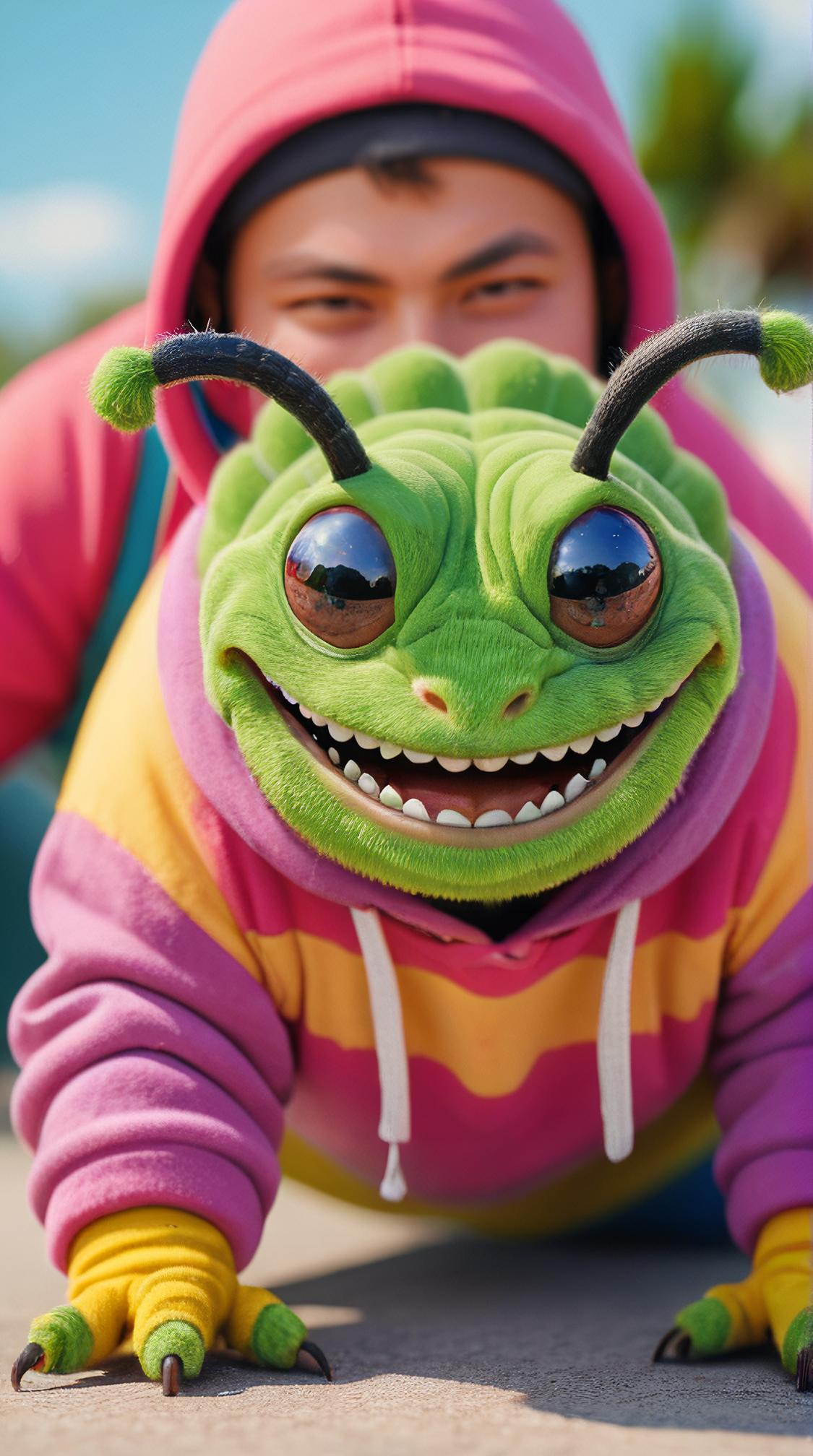 Portrait of a Cursed thicc Skater Caterpillar, wearing spring clothes, Sharp and in focus, Happy
