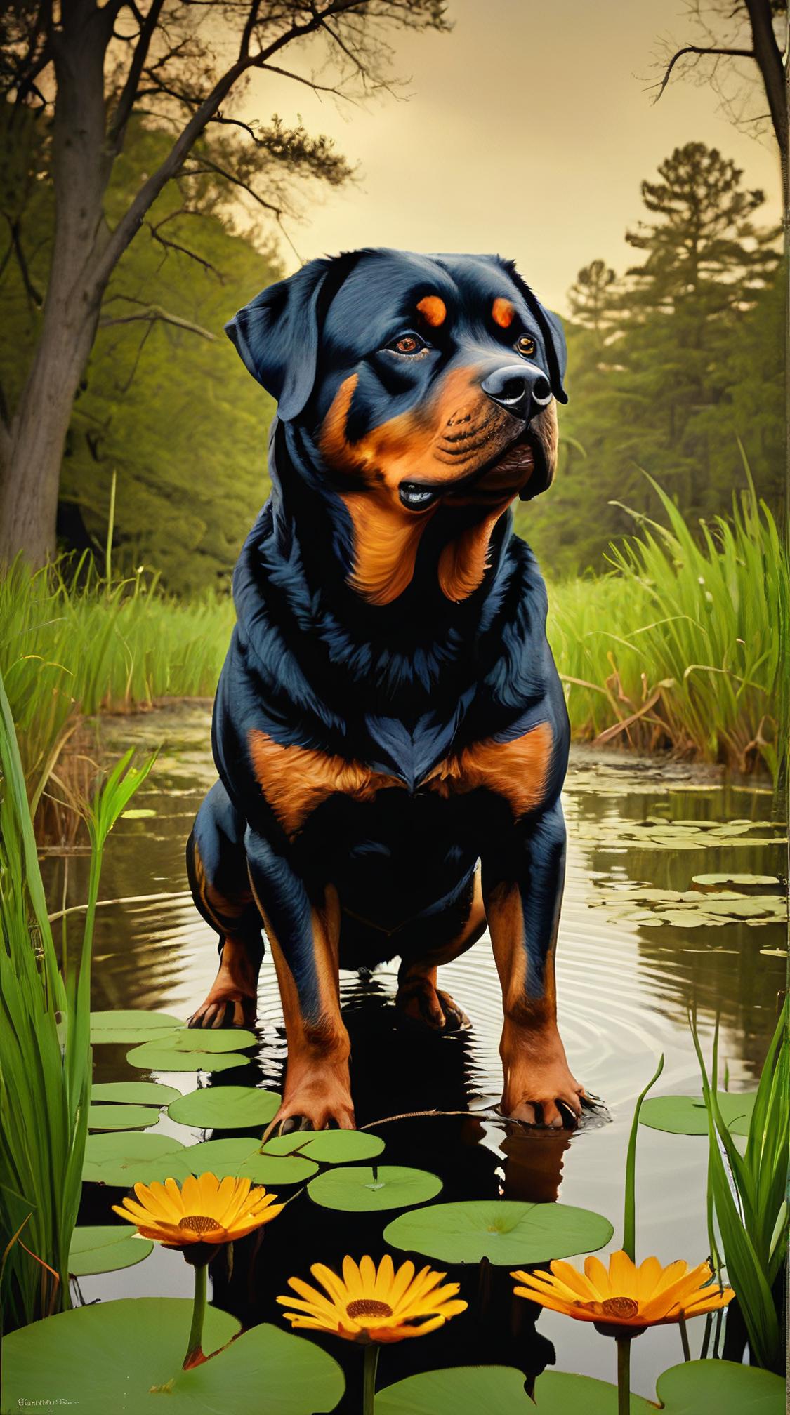 pond, Rottweiler , Horror, Primitivism Art