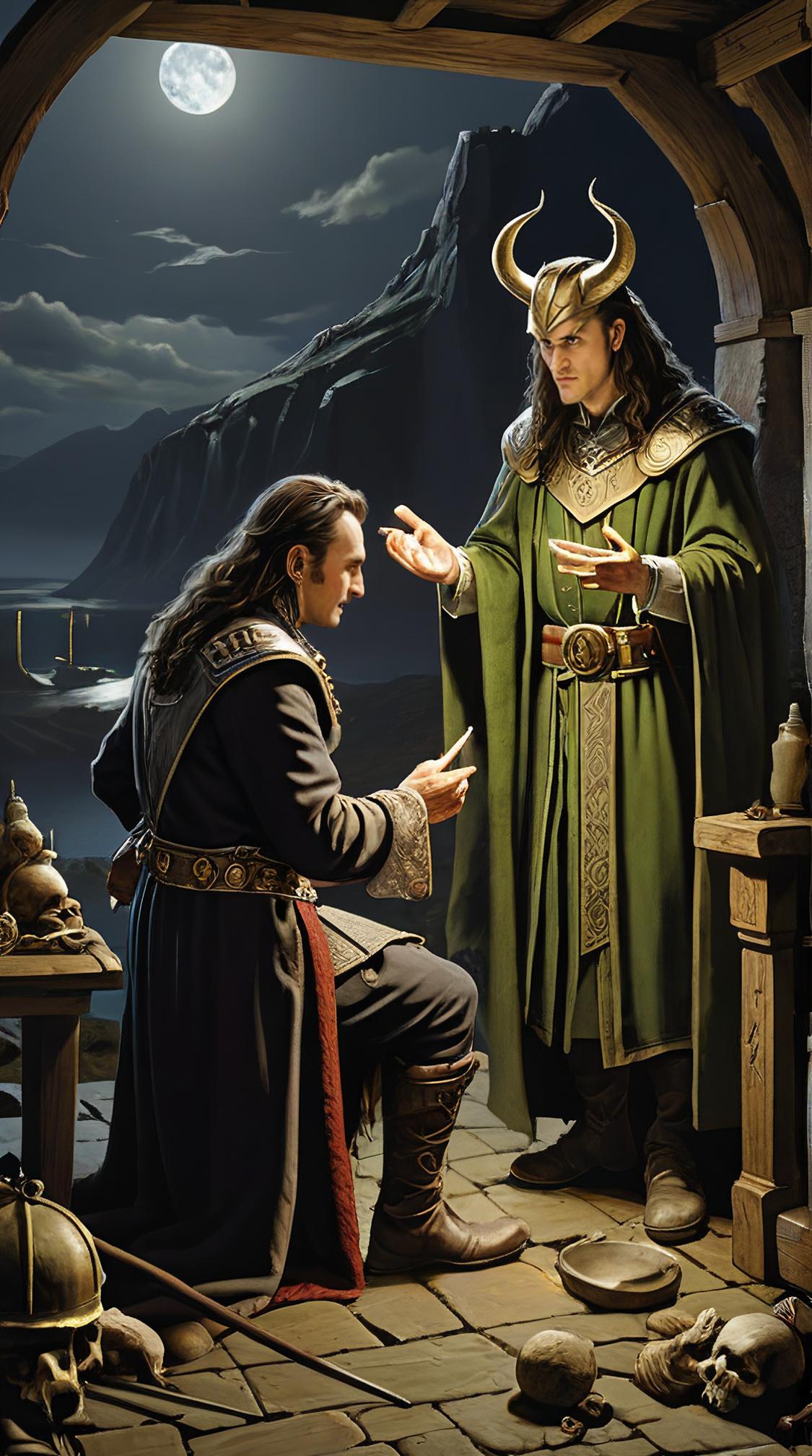 scene art by Charles Spencelayh, romanticism art, Loki s punishment for causing the death of Baldur , Moody and Spirit World
