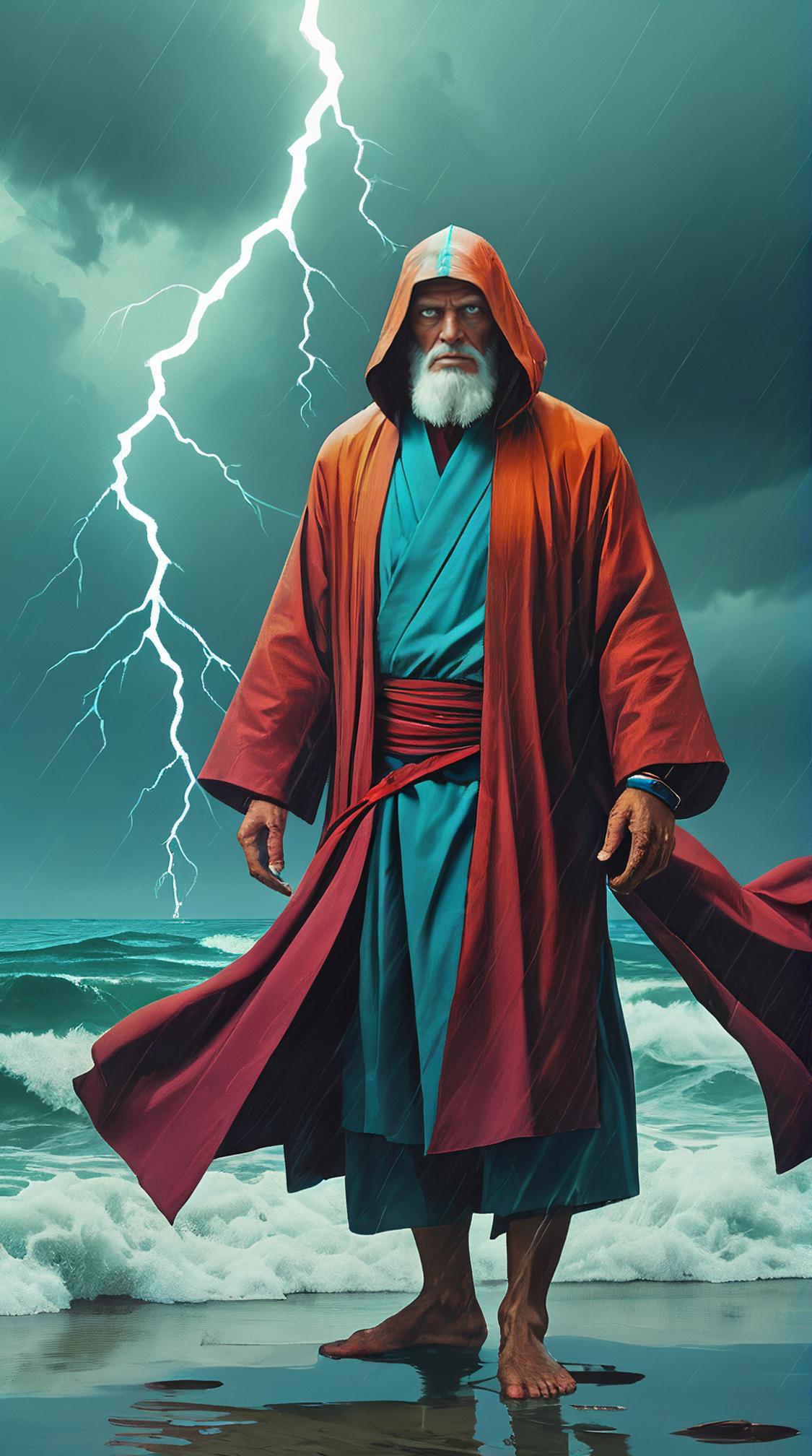 Old Cosplayer Gustave, Monk, Stormy weather, deep focus