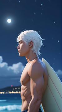 fantasy art by Studio Ghibli , Male Surfer, White hair styled as Shaved sides, Clear skies